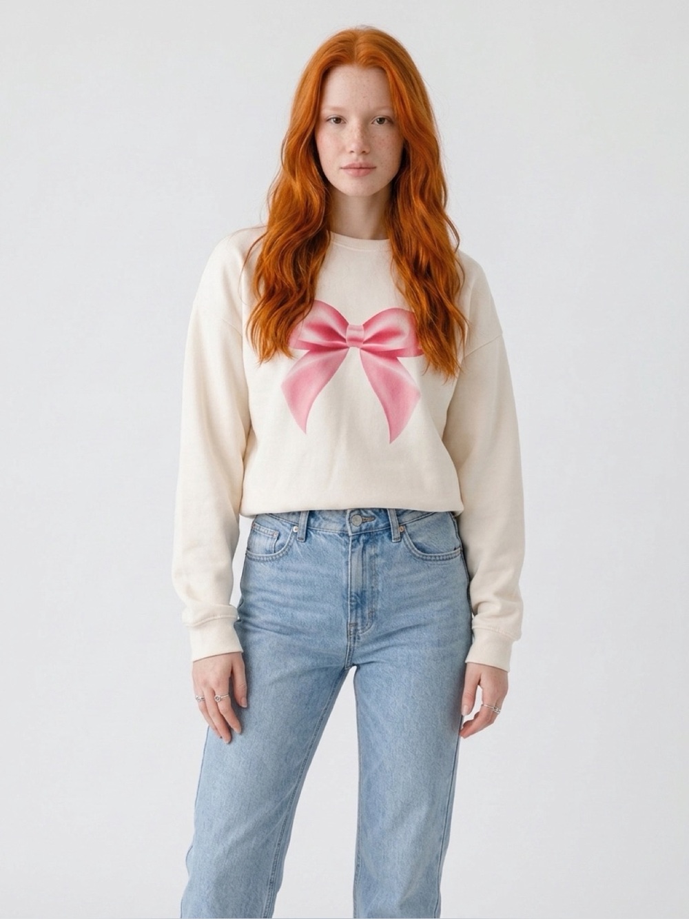Edikted Bow Brat Printed Sweatshirt in the cream colorway XS